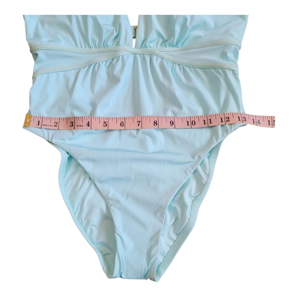 NWOT Bcbgmaxazria Plunging V-Neckline Shirr One Piece Swimsuit Aqua Blue Size 8 - Picture 15 of 17